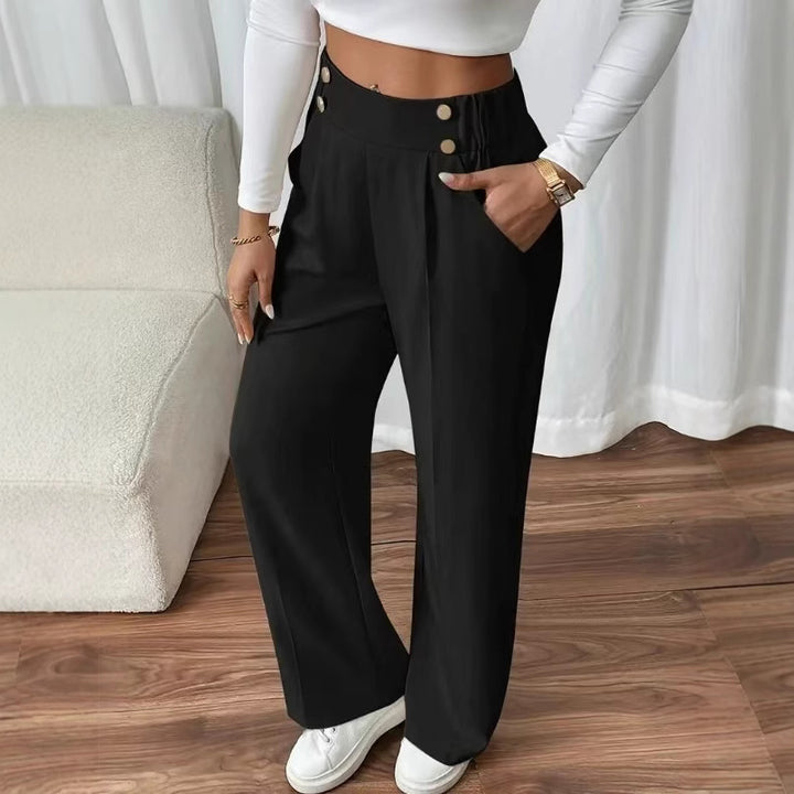 Damen elegante Hochbundhose mit seitlichen Knopfdetails und weitem Bein Drune