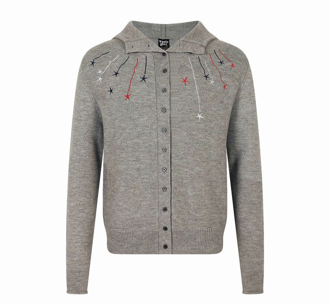 Damen Feinstrick-Cardigan mit Stehkragen, Sternstickerei und durchgehender Knopfleiste Drune