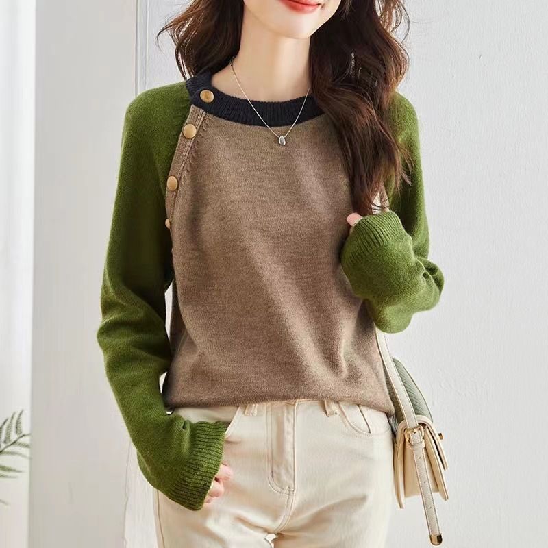 Damen kuscheliger Strickpullover mit großen Knöpfen Drune