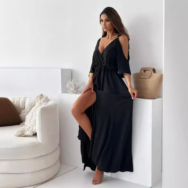 Drune | Satin-Träger-Spitzen-V-Ausschnitt-Langes Kleid