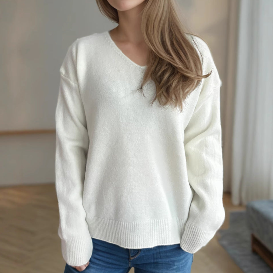 Damen lässiger V-Ausschnitt Pullover mit modernem Strukturdesign Drune