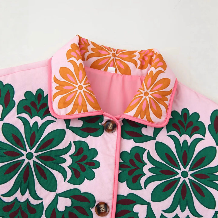 Damen nan gesteppte Blumen-Steppjacke mit kontrastärmeln, aufgesetzten Taschen und Stehkragen Drune