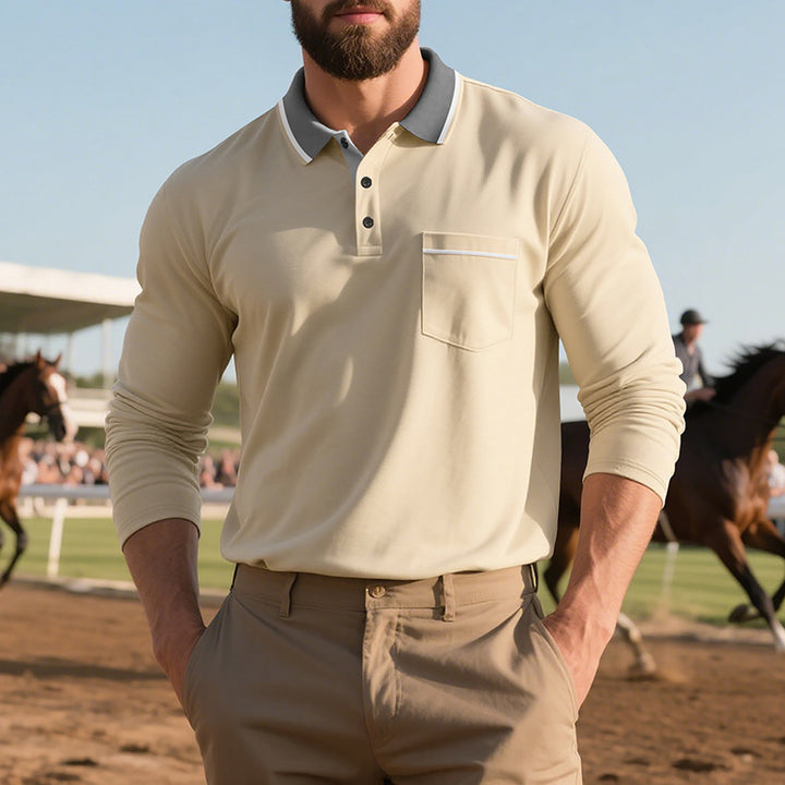 Herren nan langärmeliges Polohemd mit Kontrastkragen, Brusttasche und feinem Baumwollstretch Drune