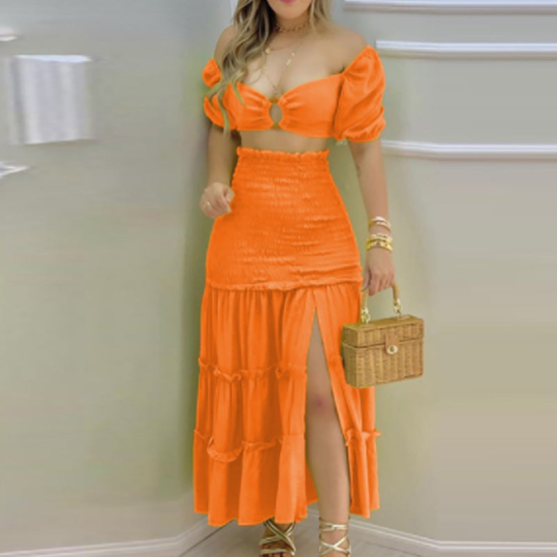 Damen Zweiteiliges Sommerkleid aus gecrashtem Stoff mit Puffärmeln und hohem Schlitz Drune