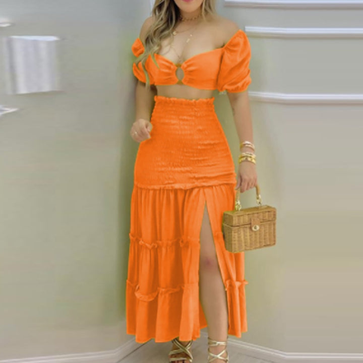 Damen Zweiteiliges Sommerkleid aus gecrashtem Stoff mit Puffärmeln und hohem Schlitz Drune