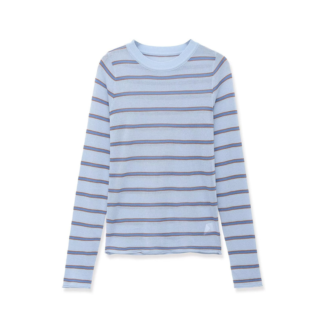 Damen Feinstrick-Pullover im Slim-Fit mit Rundhals und horizontalen Kontraststreifen Drune