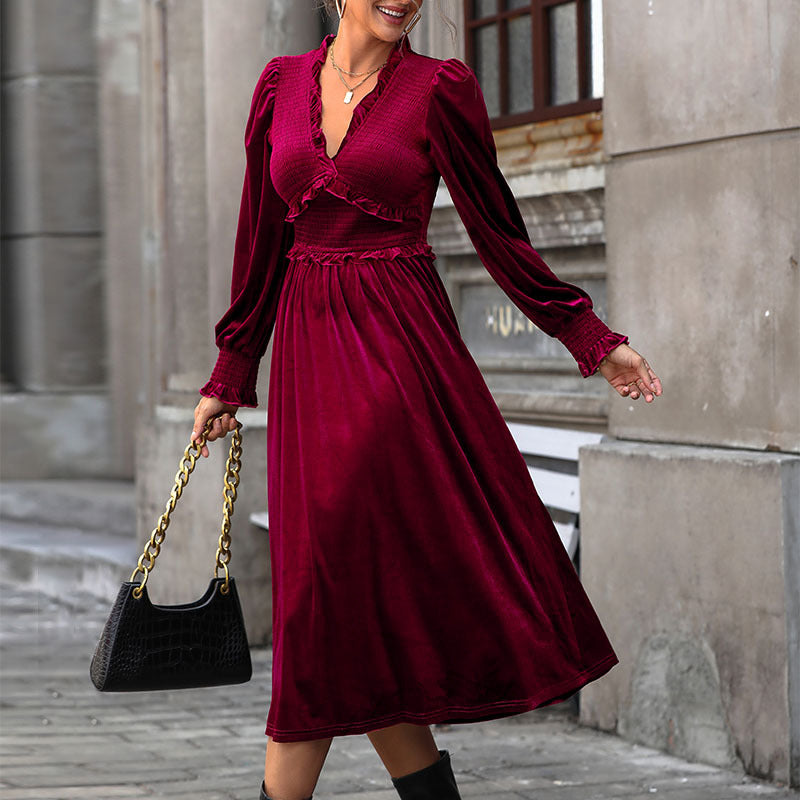 Damen Midikleid mit Rüschendetails und V-Ausschnitt Drune