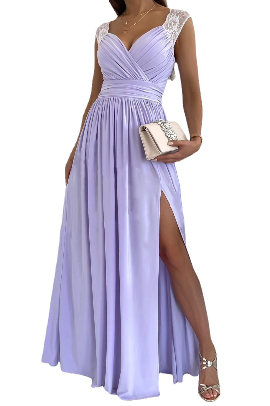 Damen elegantes Maxikleid mit transparenten Spitzenakzenten und seitlichem Schlitz Drune