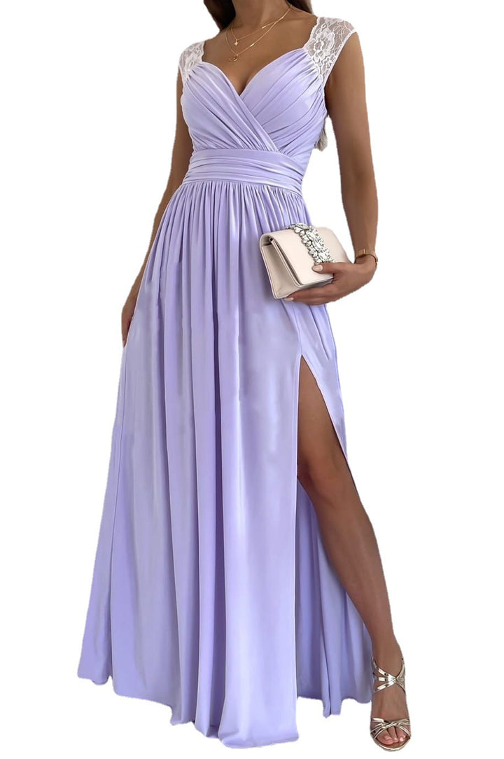 Damen elegantes Maxikleid mit transparenten Spitzenakzenten und seitlichem Schlitz Drune