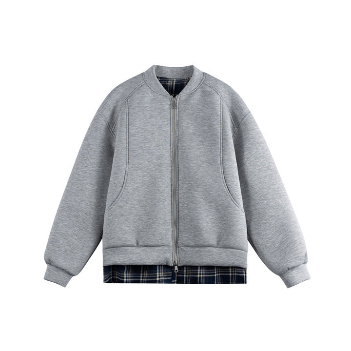Damen Zwei‑in‑Eins Bomber‑Sweatjacke mit Karo‑Layer‑Einsatz und Stehkragen Drune