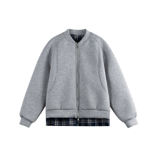 Damen Zwei‑in‑Eins Bomber‑Sweatjacke mit Karo‑Layer‑Einsatz und Stehkragen Drune