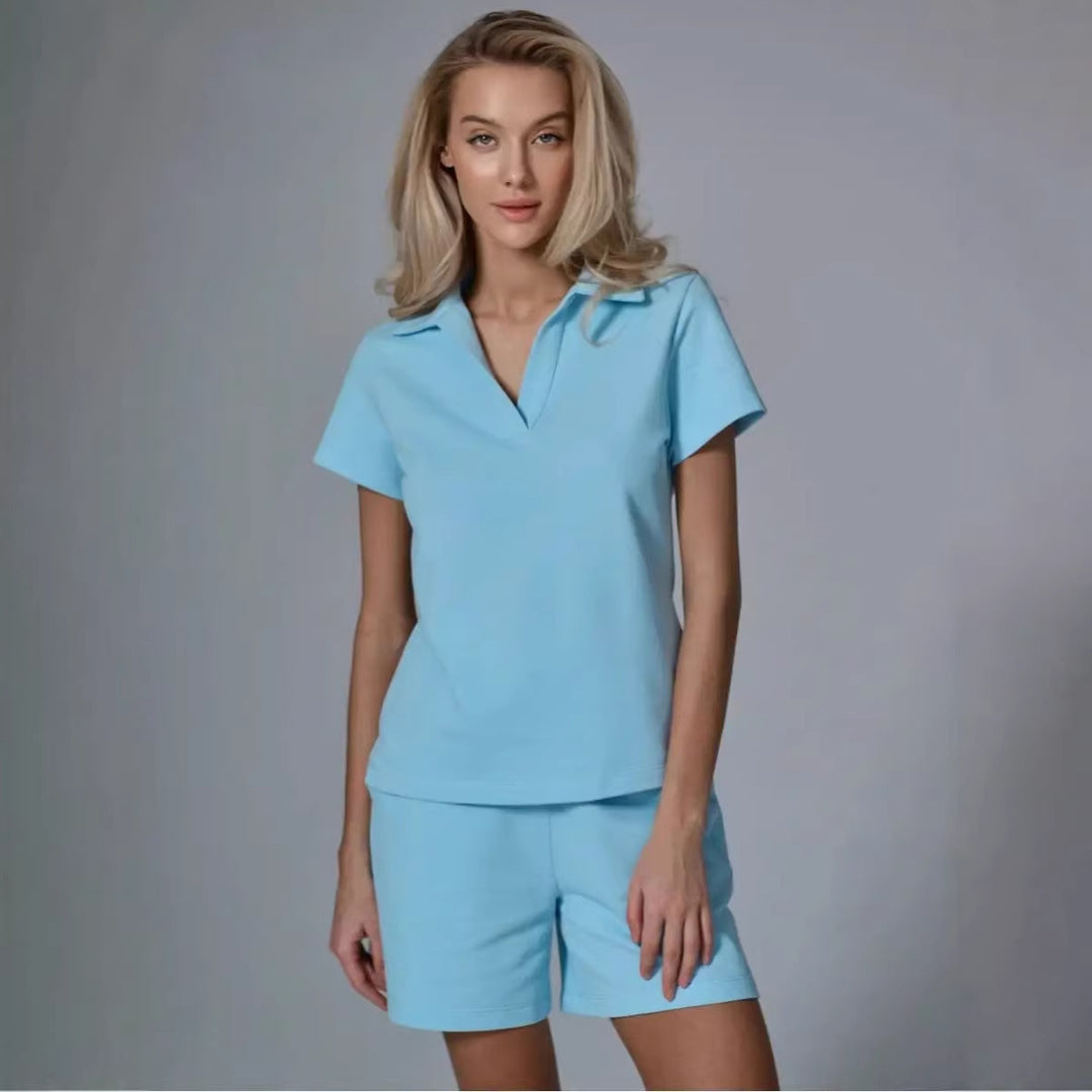 Damen sportliches Kurzarm-Set mit modernem Stehkragen und elastischem Bund Drune