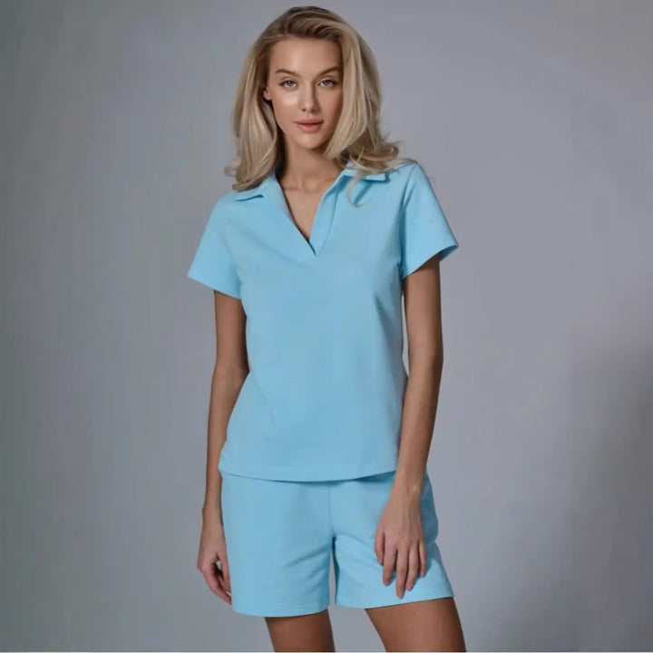 Damen sportliches Kurzarm-Set mit modernem Stehkragen und elastischem Bund Drune