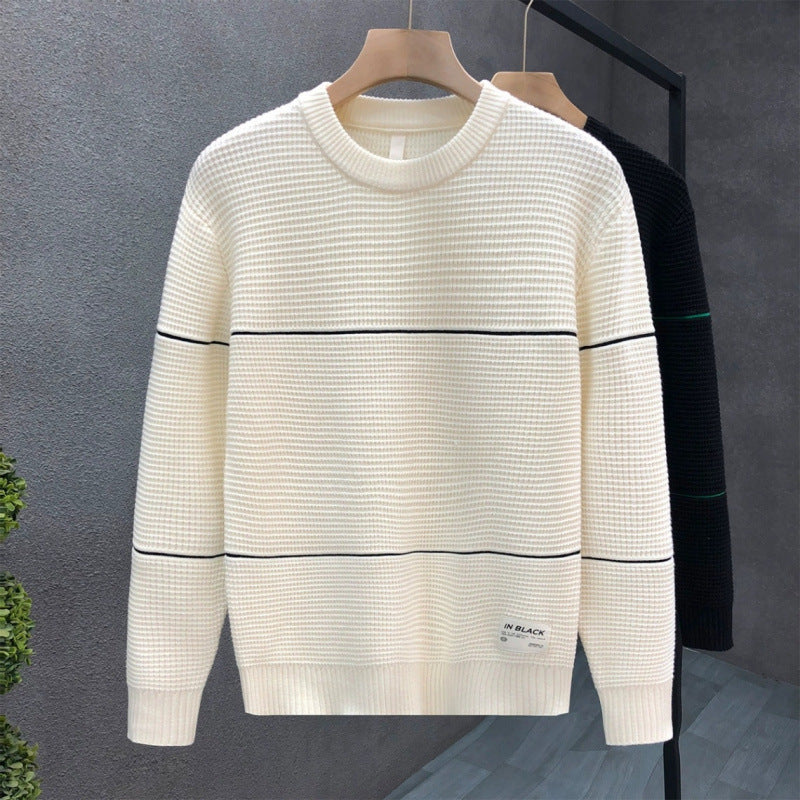 Unisex Strukturierter Waffelstrick-Pullover mit feinen Kontraststreifen Drune