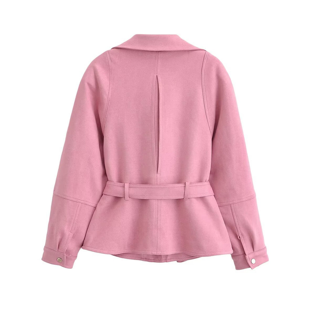 Damen Zweiteiliges Kunstleder-Set mit taillierter Bikerjacke, Bindegürtel und Midirock Drune