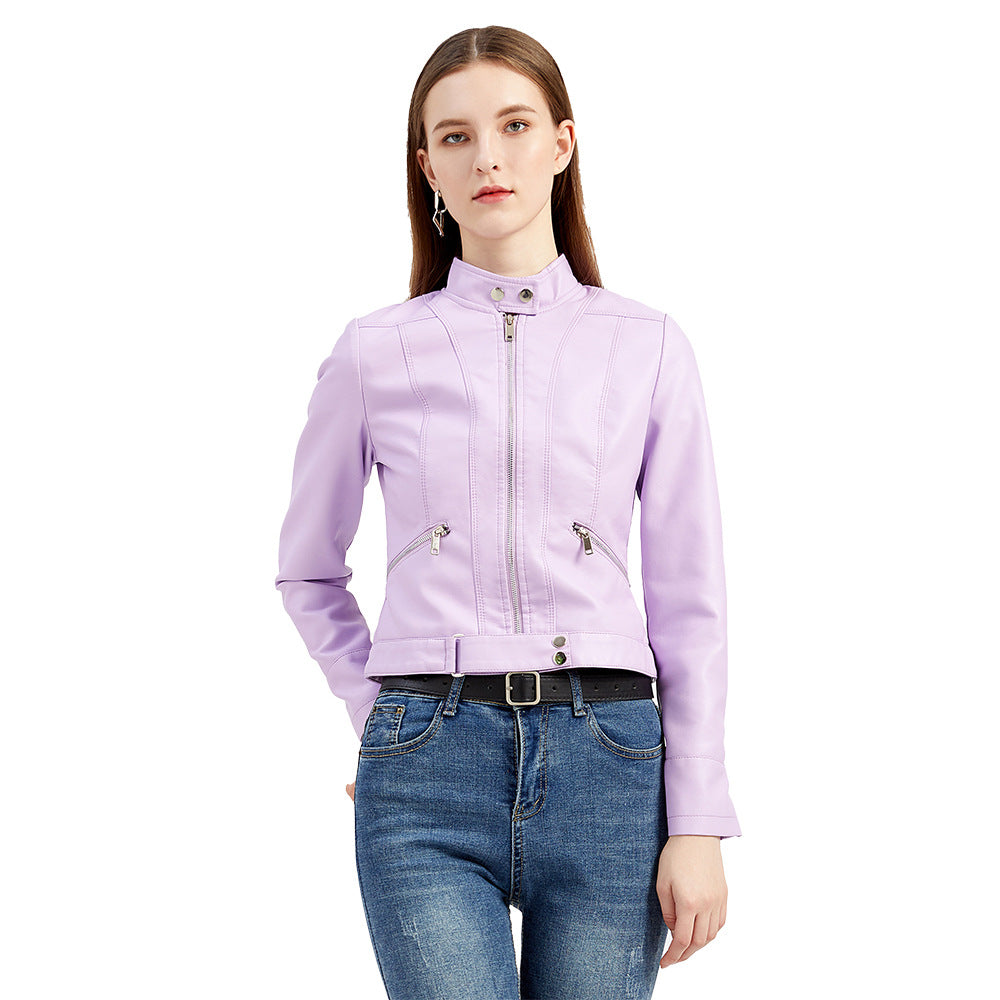 Damen nan kurze taillierte Kunstlederjacke im Racer-Stil mit Stehkragen und Reißverschlusstaschen Drune