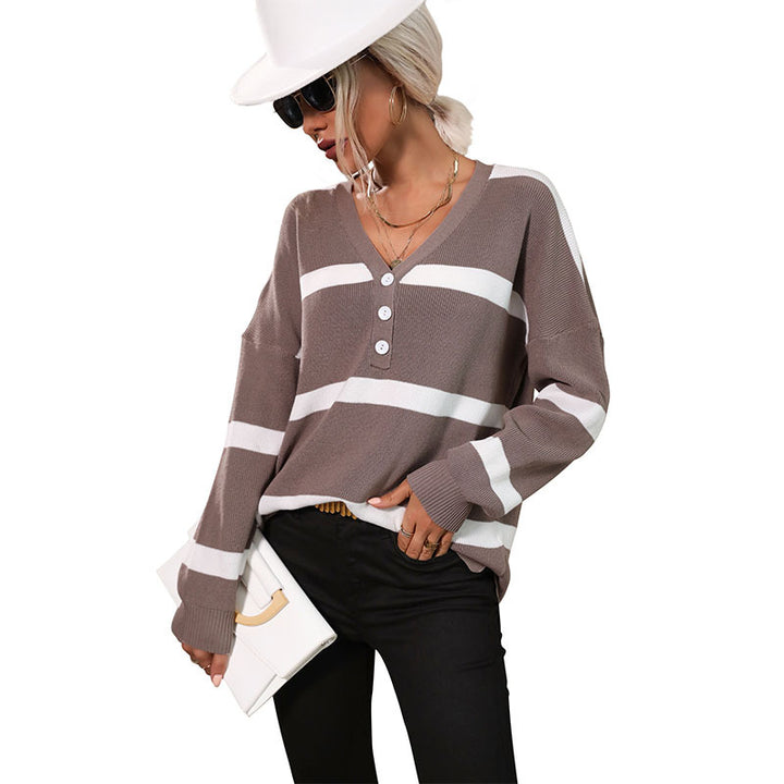 Damen Oversize V-Ausschnitt Strickpullover mit Knopfleiste und Blockstreifen Drune