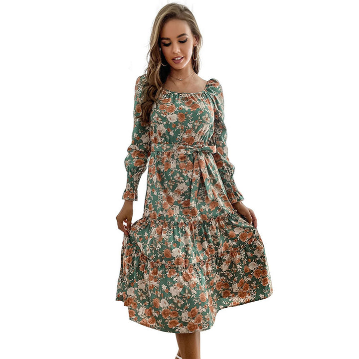 Damen Midikleid mit quadratischem Ausschnitt, Stufenrock, Puffärmmel und Taillengürtel Drune