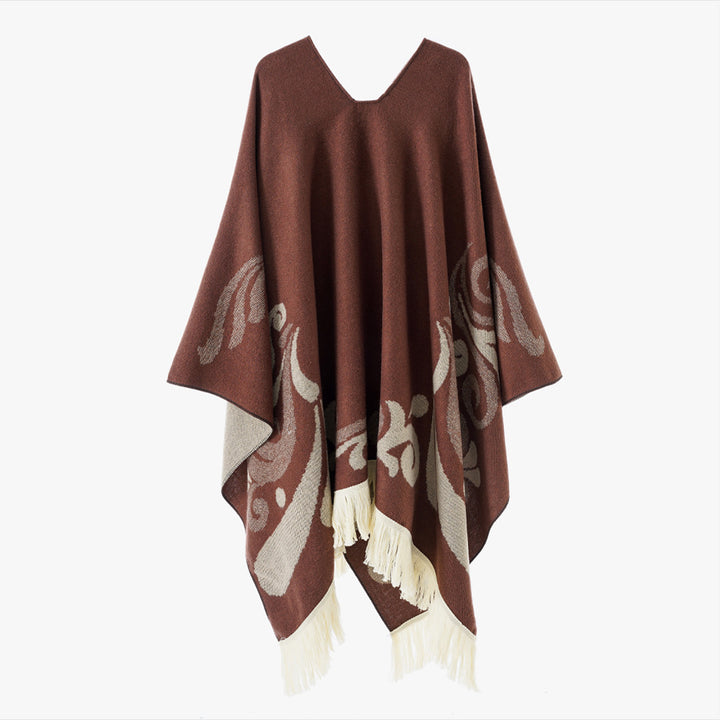 Damen Wollmix-Poncho im Umhangstil mit V-Ausschnitt, kontrastierendem Ornament-Jacquard und Fransen Drune
