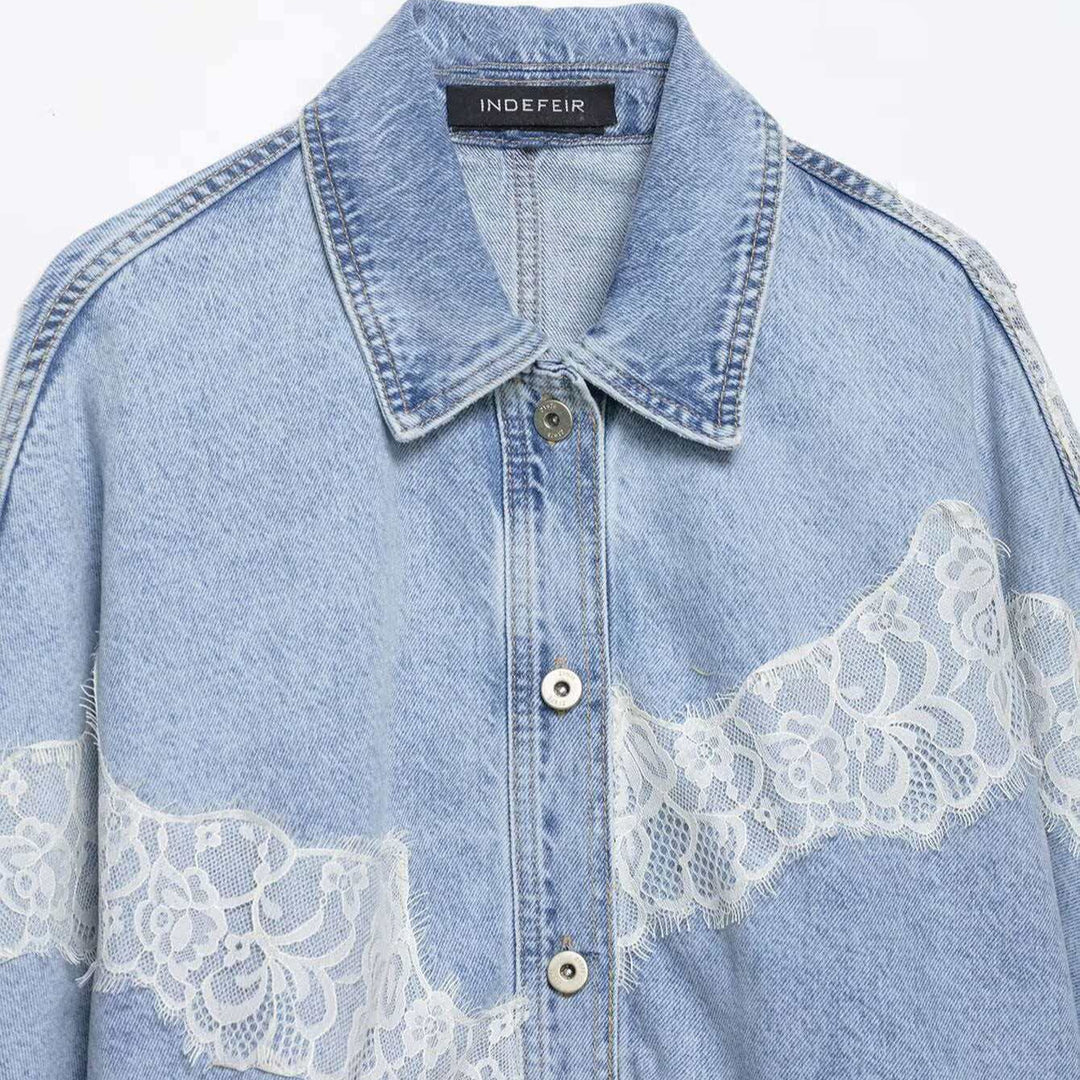 Damen nan oversized Denimjacke mit Spitzenbesatz, kastigem Cropped-Schnitt und überschnittenen Ärmeln Drune
