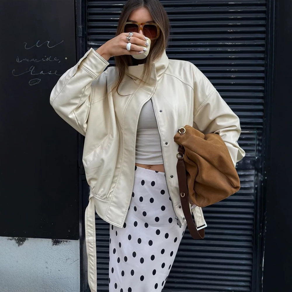 Damen Oversize-Lederimitatjacke mit Stehkragen und Tunnelzug Drune