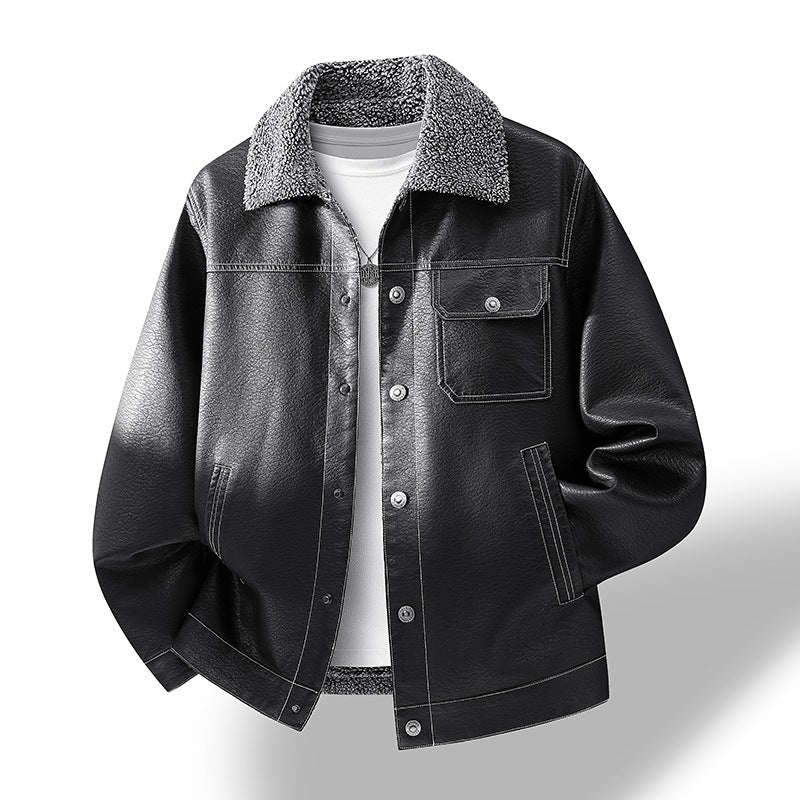 Herren Lässige Kunstlederjacke mit Teddykragen Drune