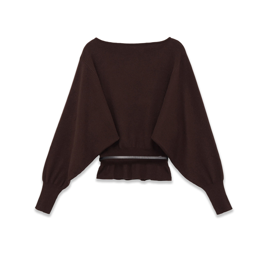 Damen nan Fledermaus-Pullover mit weitem Ärmel, gerafftem Taillenbund und schmalem Gürtel Drune