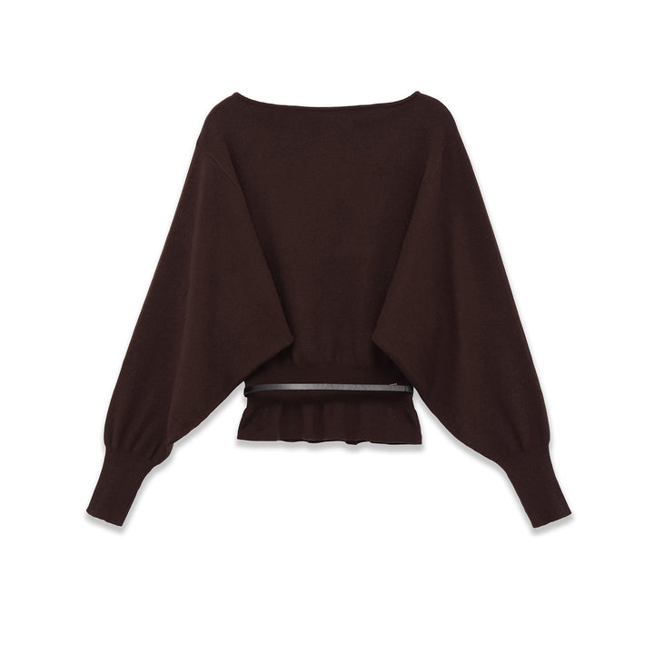 Damen nan Fledermaus-Pullover mit weitem Ärmel, gerafftem Taillenbund und schmalem Gürtel Drune