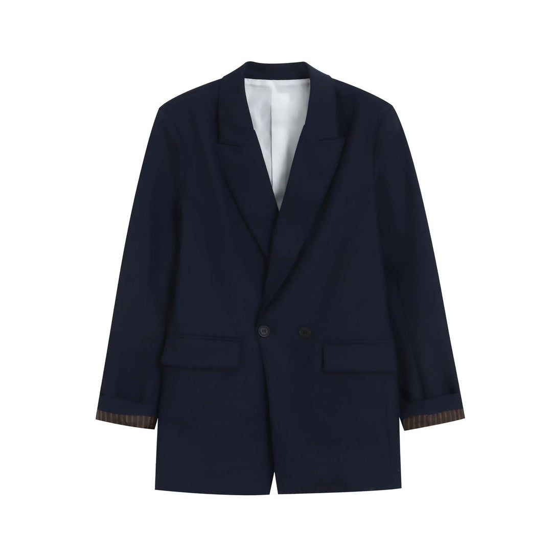 Damen Doppelreihiger Longblazer mit aufgesetzten Taschen und Umschlagärmeln Drune