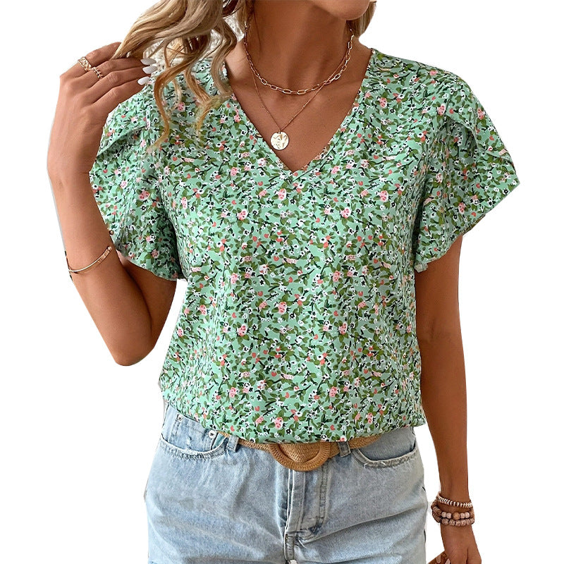 Damen V-Ausschnitt Bluse mit floralem Muster und Rüschendetails Drune