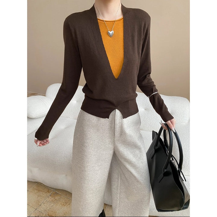 Damen figurbetonter V-Ausschnitt Pullover mit raffinierter Taillierung und feiner Textur Drune
