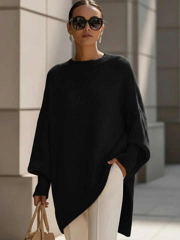 Damen nan Oversize Strickponcho mit asymmetrischem Saum und gerippten Ärmeln Drune