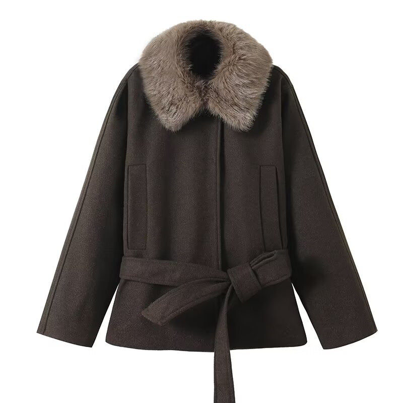 Damen Übergangsjacke mit luxuriösem Kunstfellkragen und Taillengürtel Drune