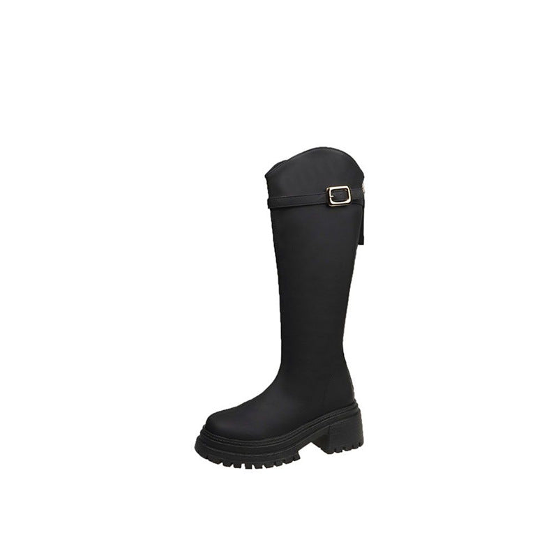 Damen Kniehohe Plateaustiefel mit grober Profilsohle und Ziergürtel Drune