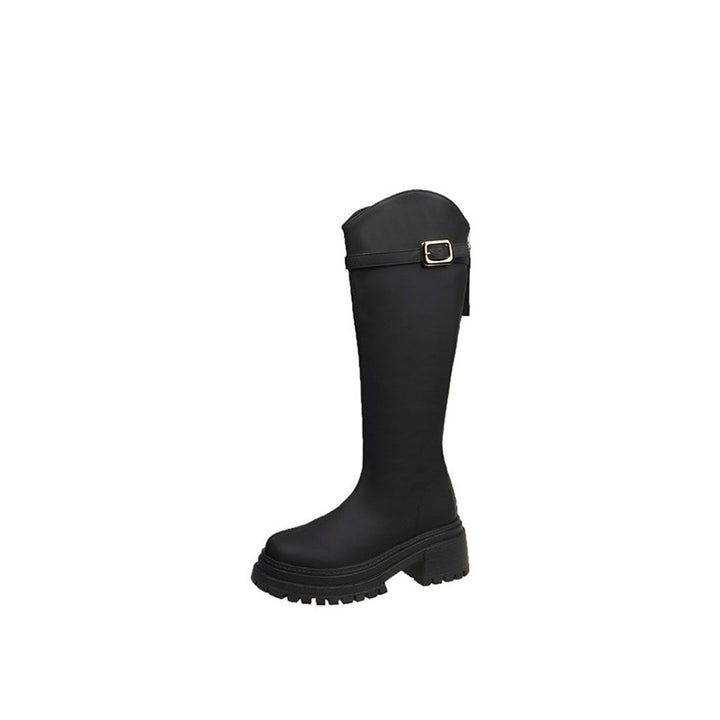 Damen Kniehohe Plateaustiefel mit grober Profilsohle und Ziergürtel Drune