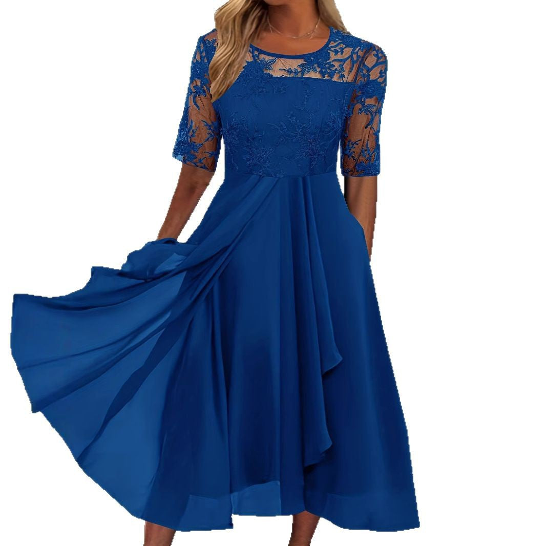 Damen Elegantes Midikleid mit Spitzenärmeln und schwingendem Rock Drune