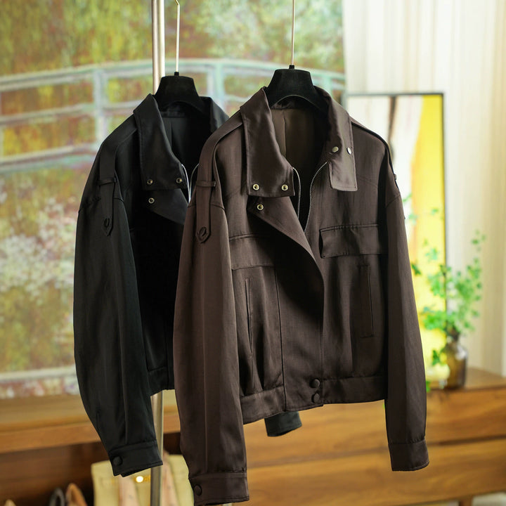 Damen elegante Utility-Jacke mit hohem Kragen Drune