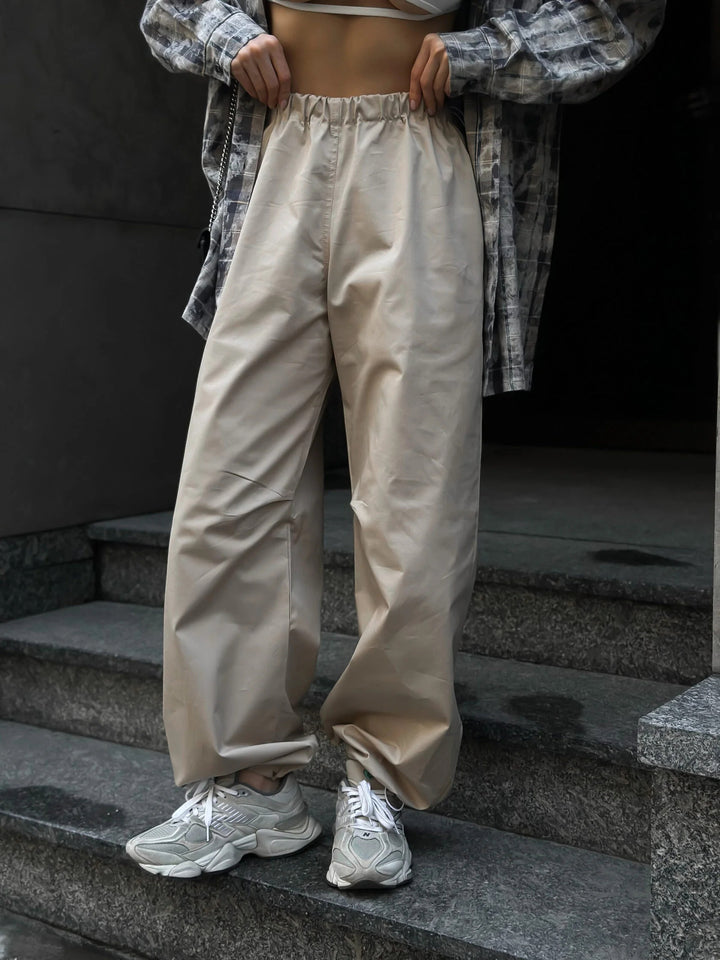 Damen weite hochgeschnittene Freizeithose mit elastischem Bund und tiefem Schritt Drune