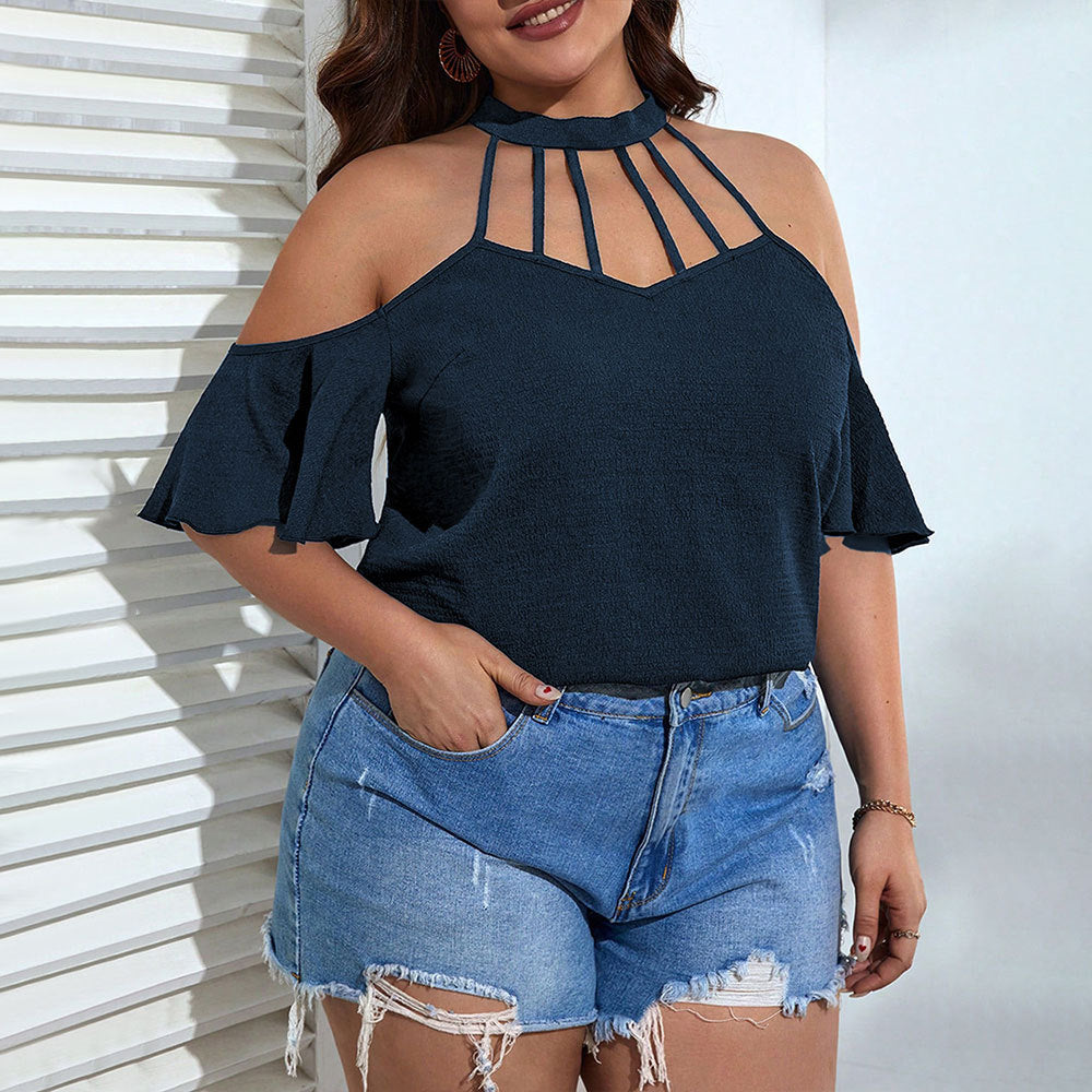 Damen Off-Shoulder Top mit Stehkragen und verspielten Rüschendetails Drune