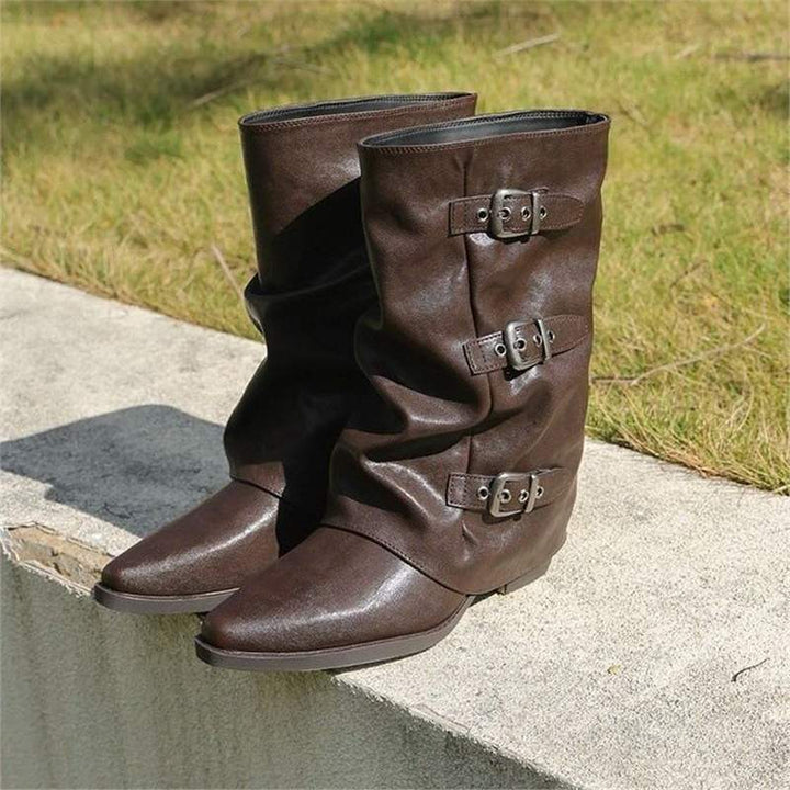 Damen Mid-Calf Stiefel mit spitzer Zehenpartie, dreifachen Zierschnallen und leichtem Blockabsatz Drune