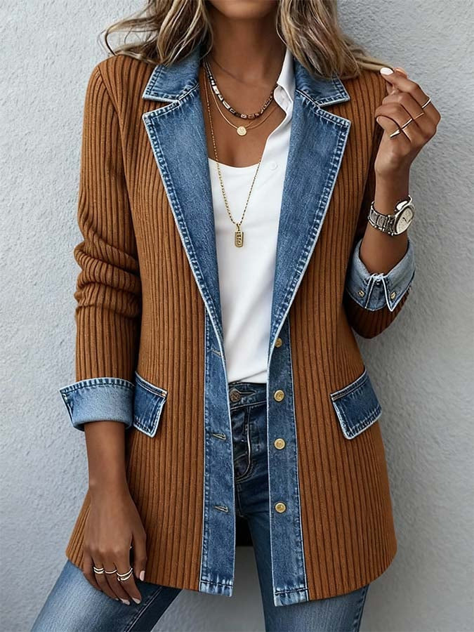 Damen Lange Strickjacke mit Denim-Kragen und Denim-Besatz Drune