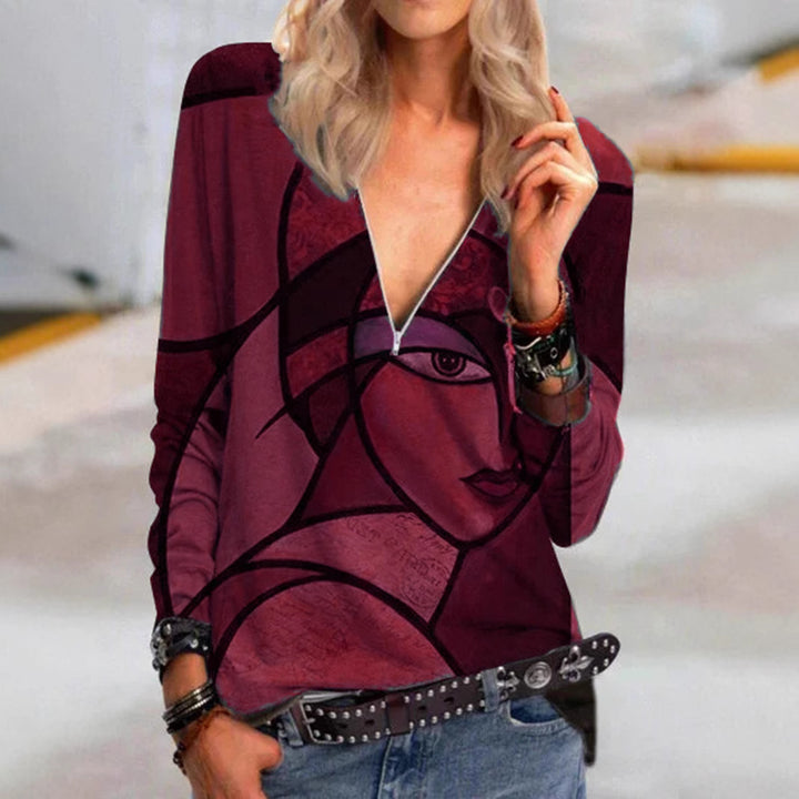 Damen V-Ausschnitt Langarmshirt mit abstraktem kubistischen Druck und Reißverschluss Drune