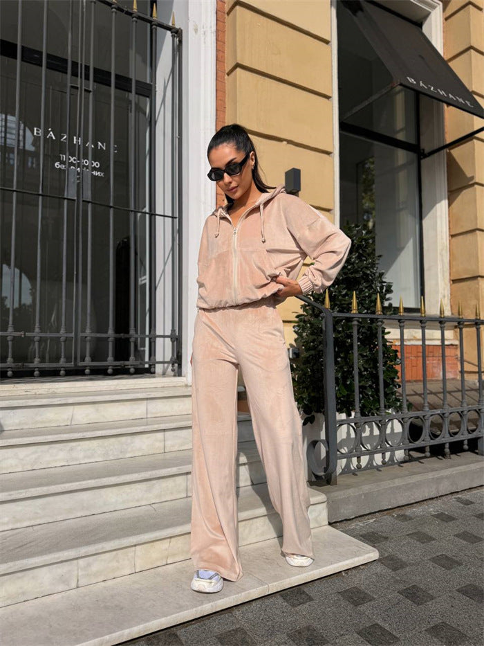 Damen Velours-Zip-Kapuzenjacke mit Marlene-Jogginghose Lounge-Set Drune