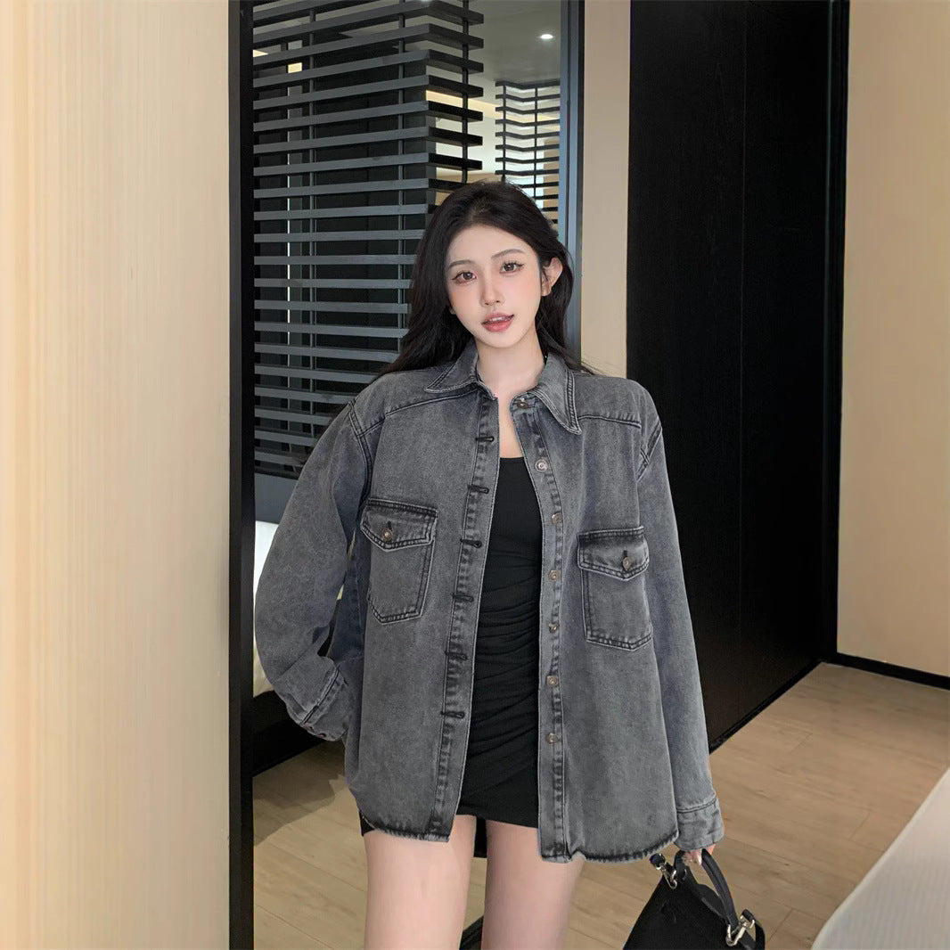 Damen Lässige Denim-Hemdjacke mit großen aufgesetzten Taschen Drune