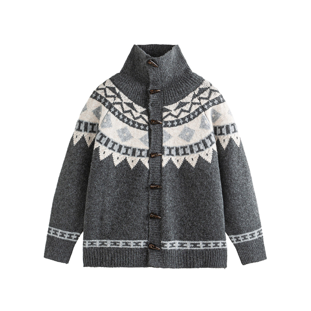 Damen Norwegermuster Strickcardigan mit hohem Stehkragen und Knebelverschlüssen Drune