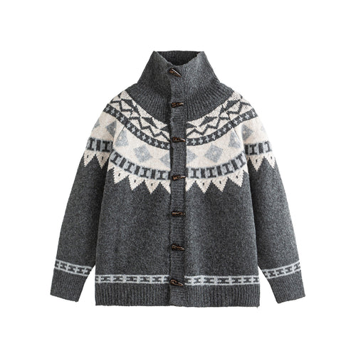 Damen Norwegermuster Strickcardigan mit hohem Stehkragen und Knebelverschlüssen Drune
