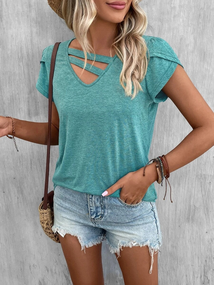 Damen lässiges Kurzarm T-Shirt mit einzigartigem Kreuz-Ausschnitt Drune