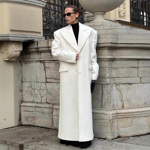 Damen Maxilanger Oversize-Wollmixmantel mit markanten Schulterpolstern und Reverskragen Drune