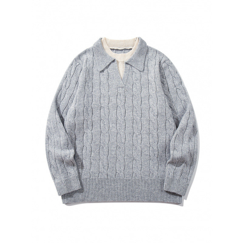 Herren Grobgestrickter Zopfmuster-Pullover mit Polokragen und V‑Ausschnitt Drune