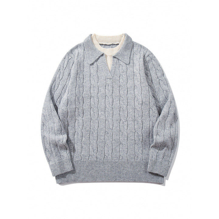Herren Grobgestrickter Zopfmuster-Pullover mit Polokragen und V‑Ausschnitt Drune
